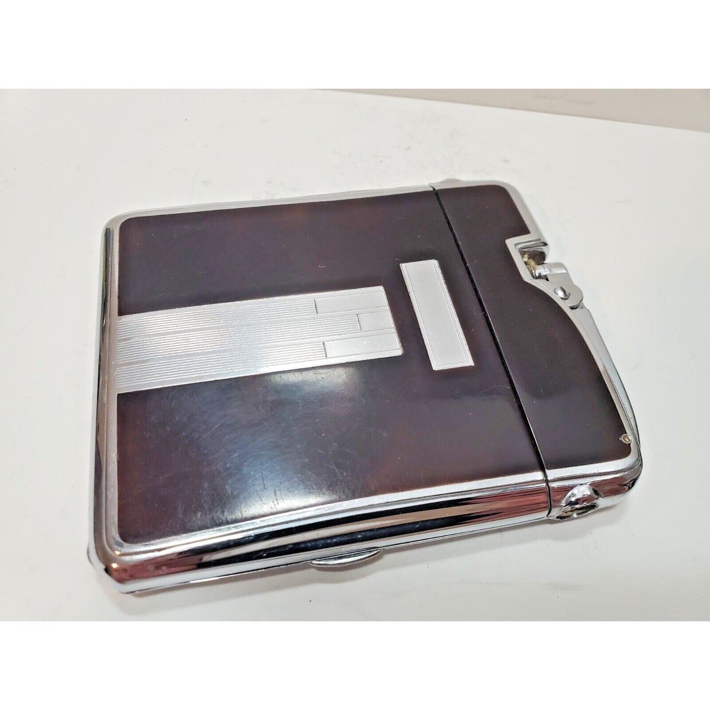 Working Ronson Art Deco Ten A Case Enamel Siler Tone Cigarette Case Lighter
