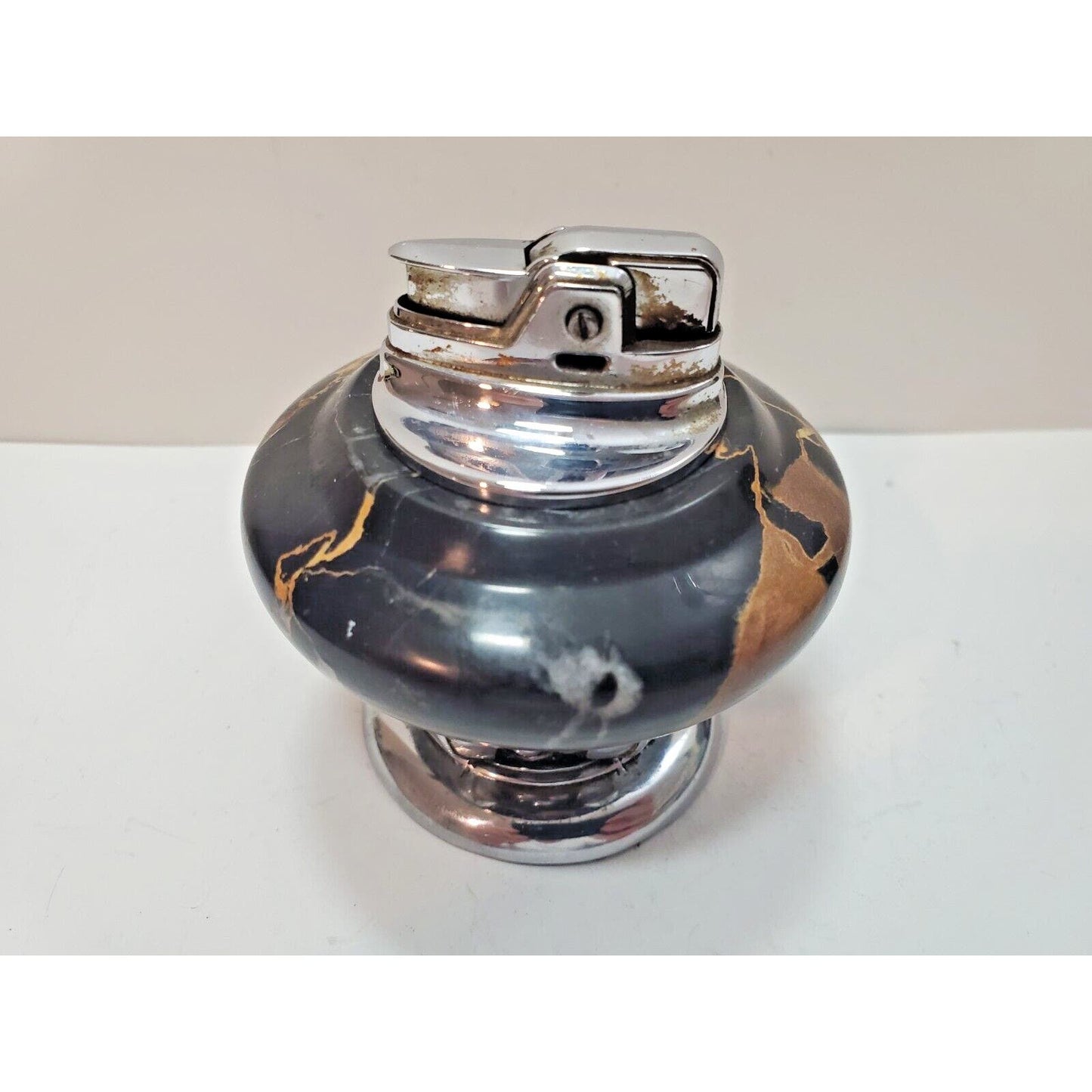 Working Vintage Lighter Ronson NORDIC Italian Black Marble Table Lighter Silver