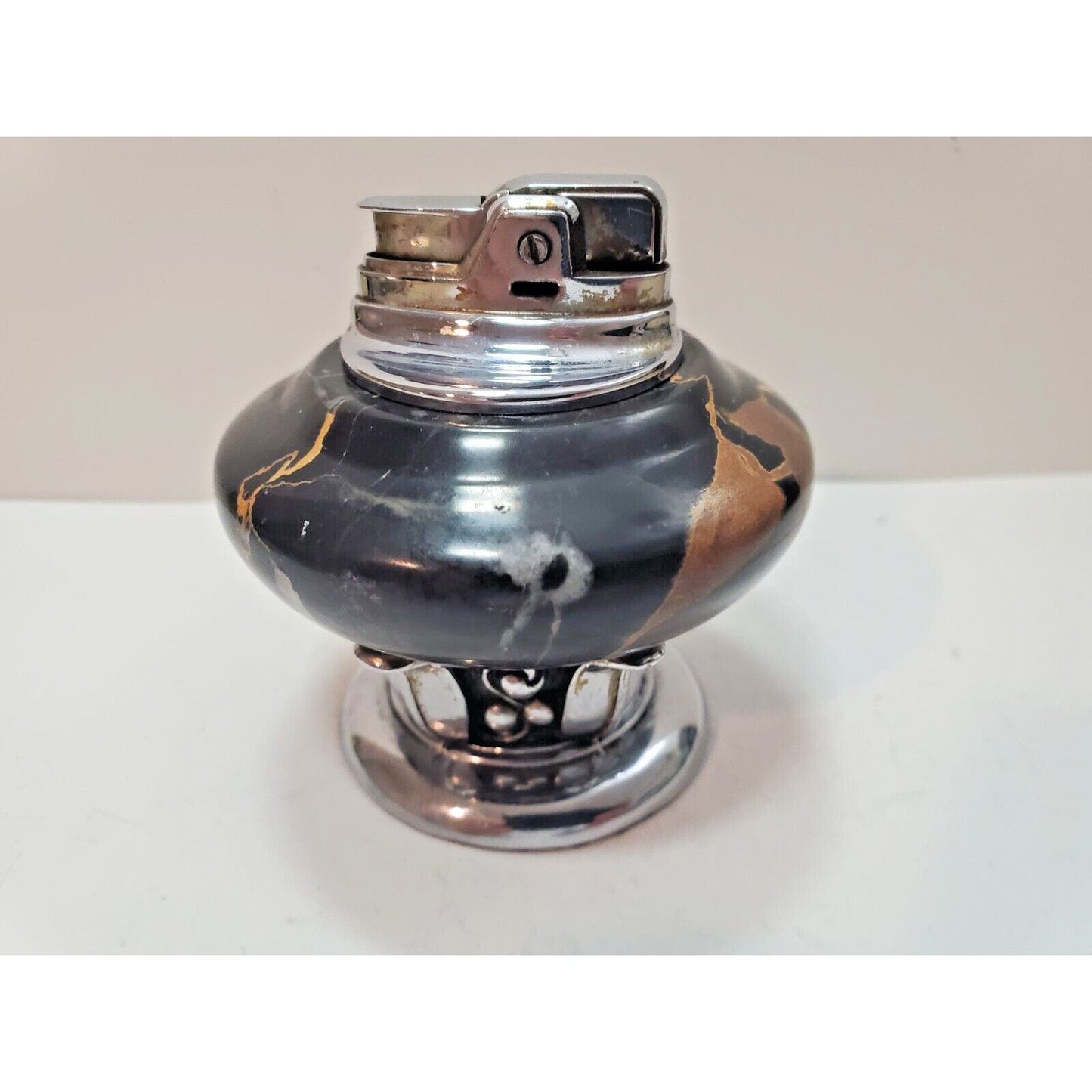 Working Vintage Lighter Ronson NORDIC Italian Black Marble Table Lighter Silver