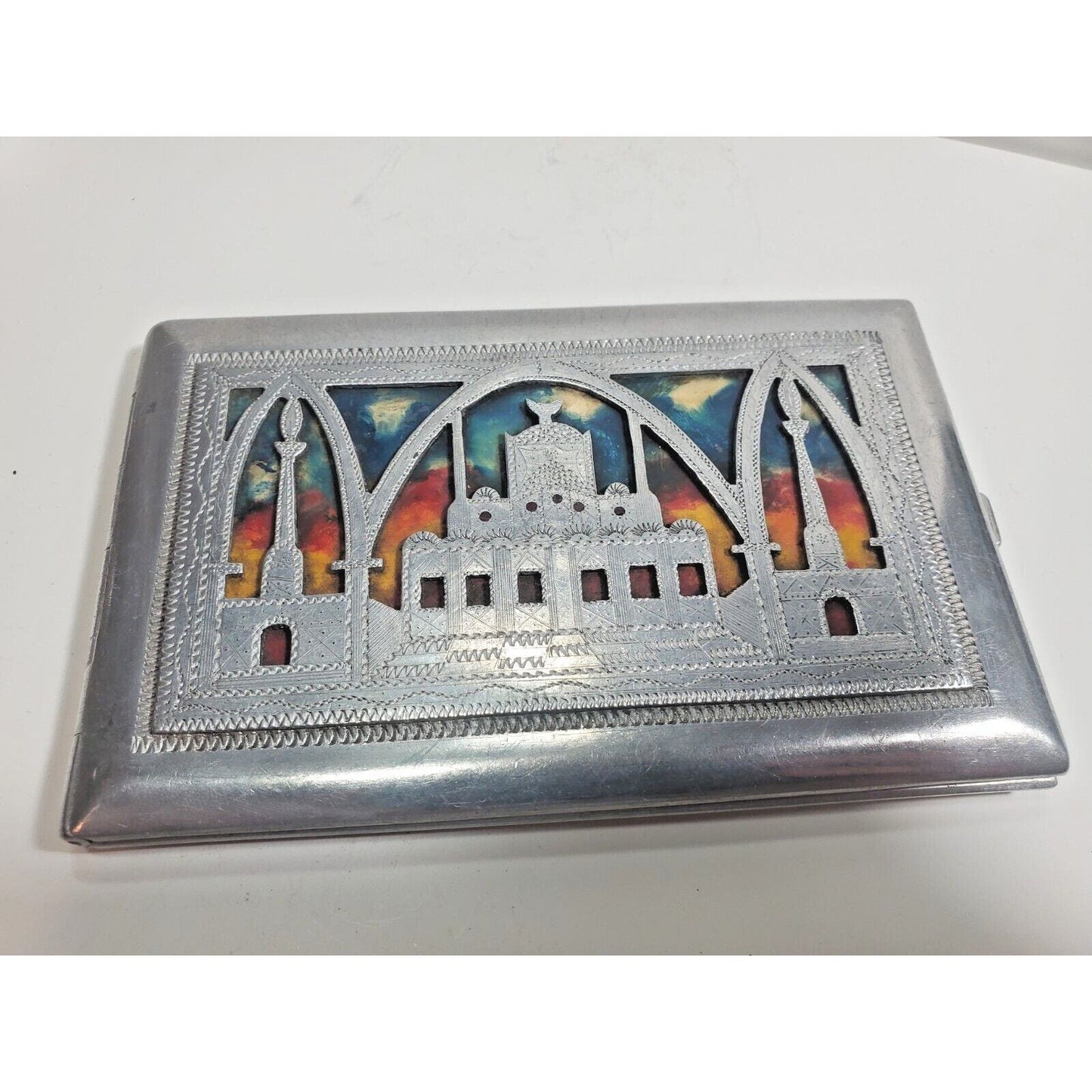 Vintage Silver Tone Ornate Africa POW WWII Cigarette Case, Pin up Girl, 5916/21