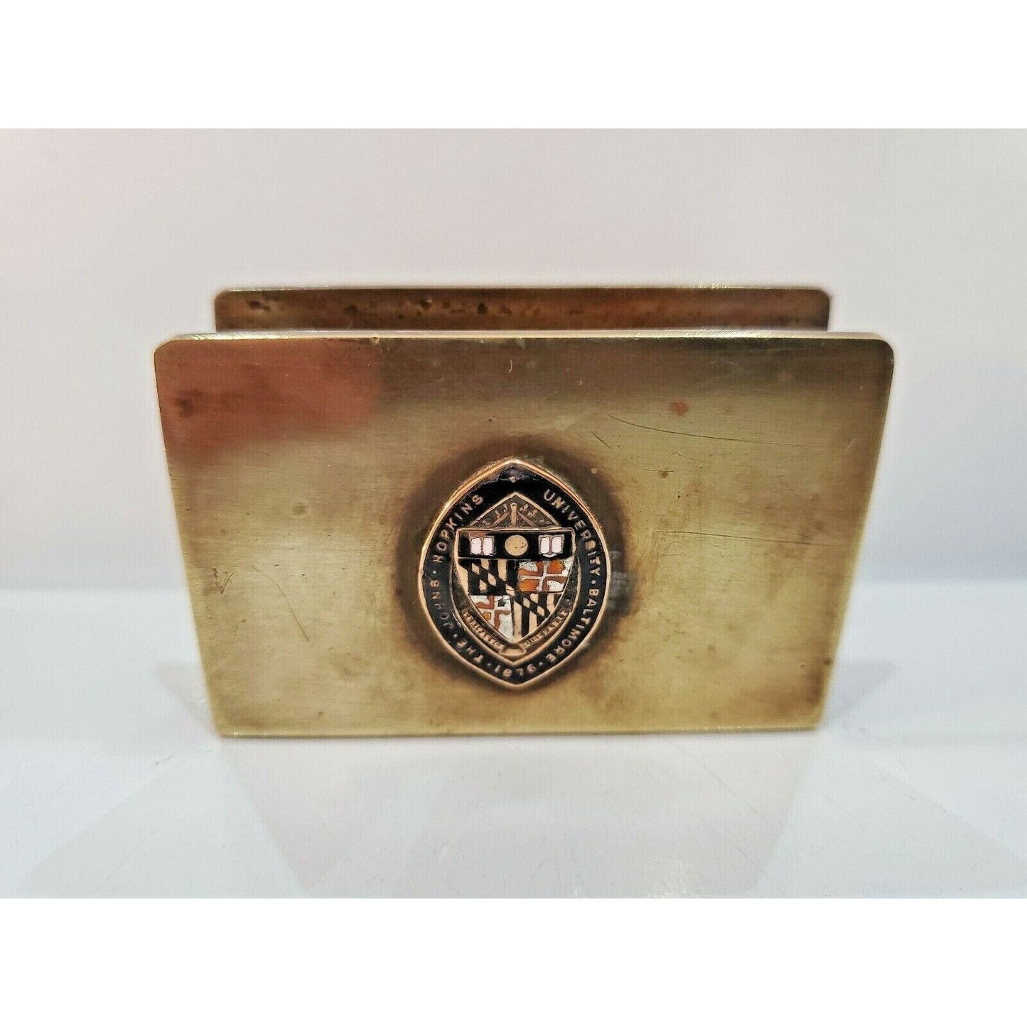 Vintage Brass Match Box Book Cover Case / JOHN HOPKINS ENAMEL LOGO 2 1/4 X 1 1/2