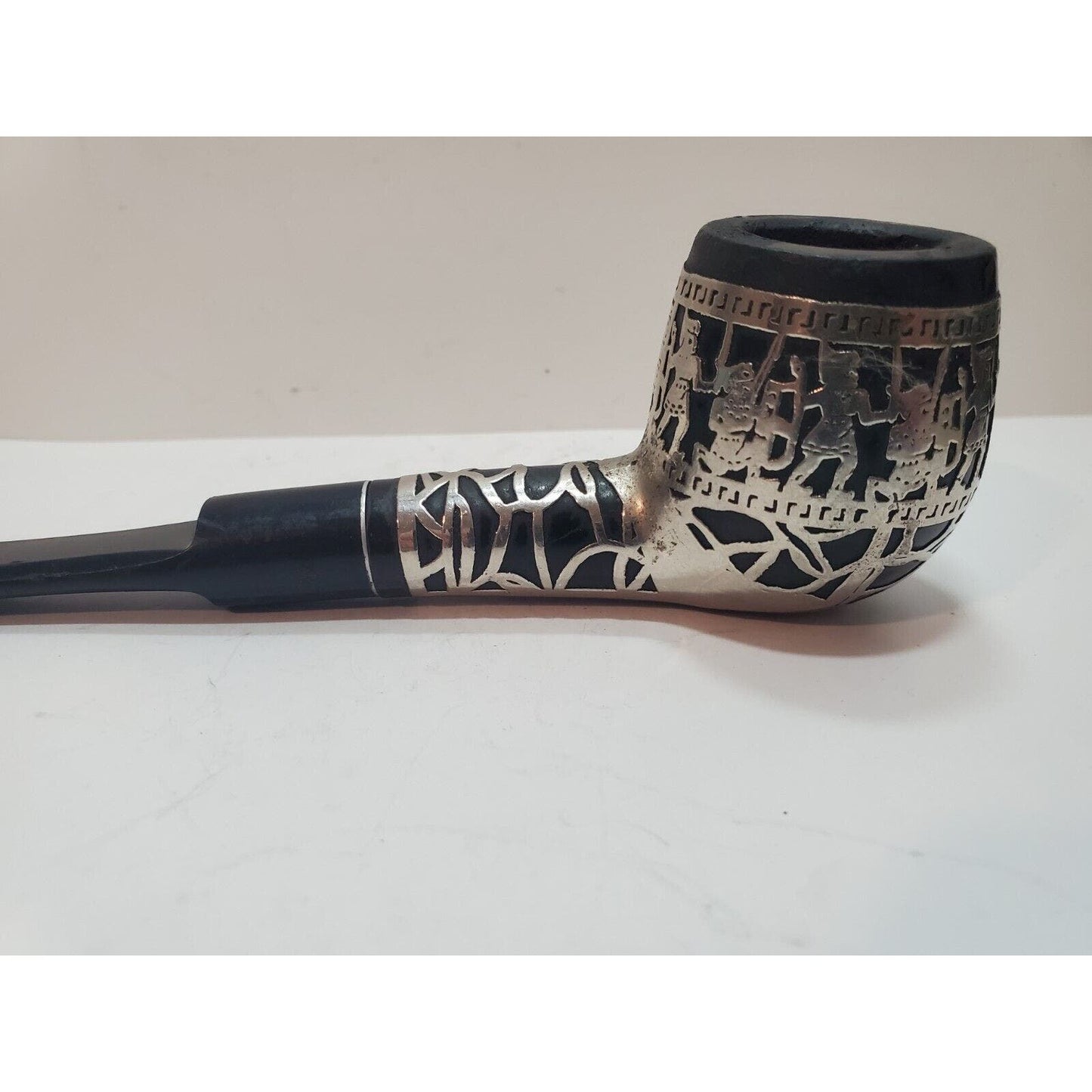 Vintage Sterling Silver 925 Overlay Tobacco Pipe MEDICO, Aztec Warrior Themed