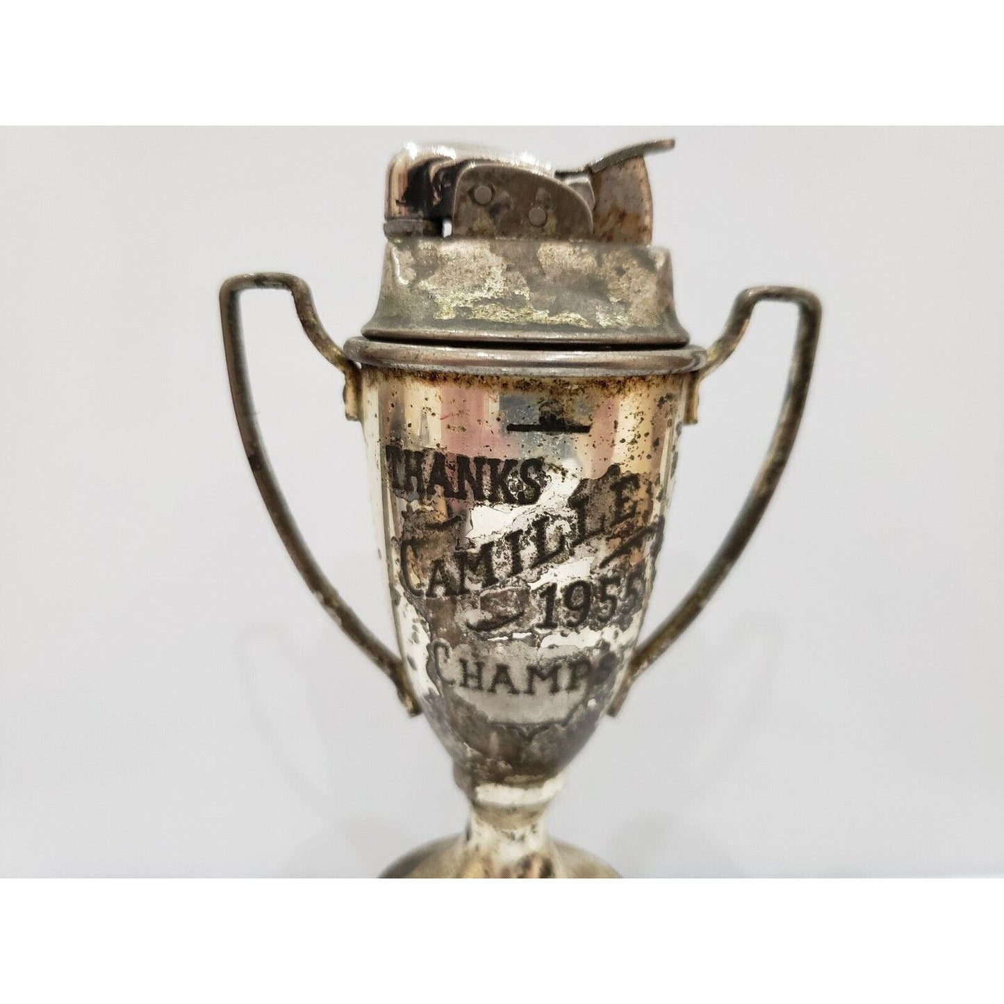 Evans Antique Working TROPHY Table Lighter THANKS CAMILLE 1955 CHAMPS  5 1/2" H