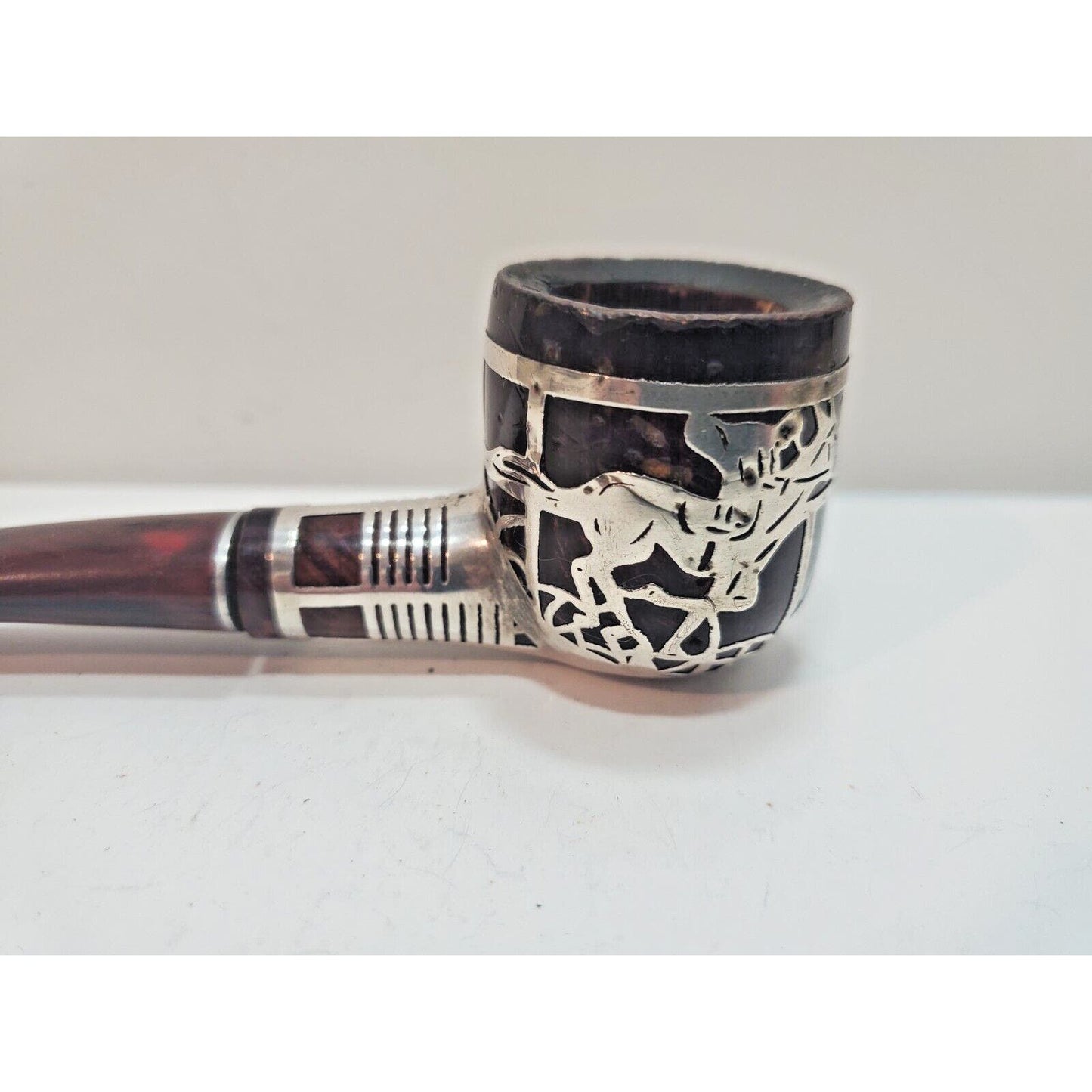 Vtg Sterling Silver 925 Overlay Tobacco Pipe Silversmith Made Jockey On Horse