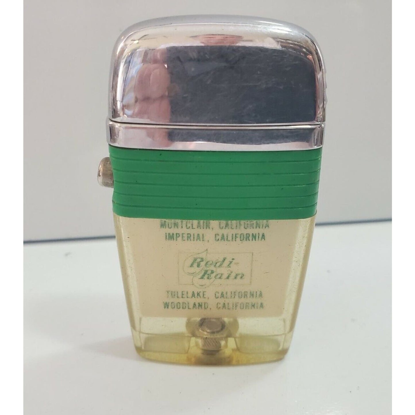 Vintage Working Scripto VU Lighter "REDI RAIN" LOGO ADVERTISING, GREEN 4407/29
