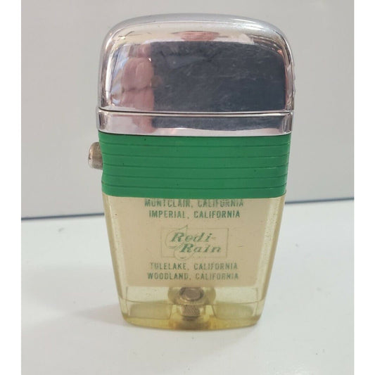 Vintage Working Scripto VU Lighter "REDI RAIN" LOGO ADVERTISING, GREEN 4407/29