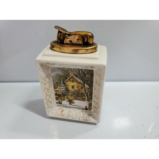 Vintage Working EVANS Table Lighter Currier & Ives WINTER SCENE c1928