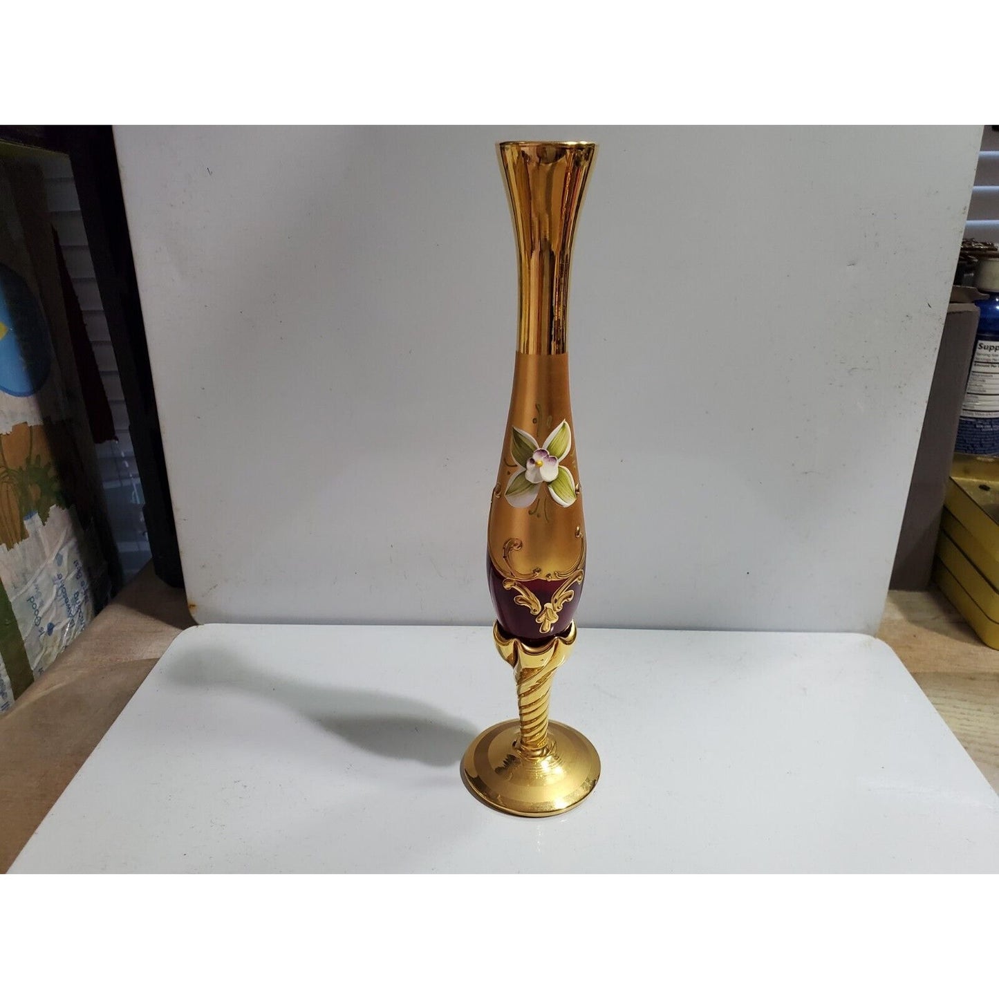Murano  Venetian Bud Vase 9"h Glass 24Kt Gold Paint 5299/43