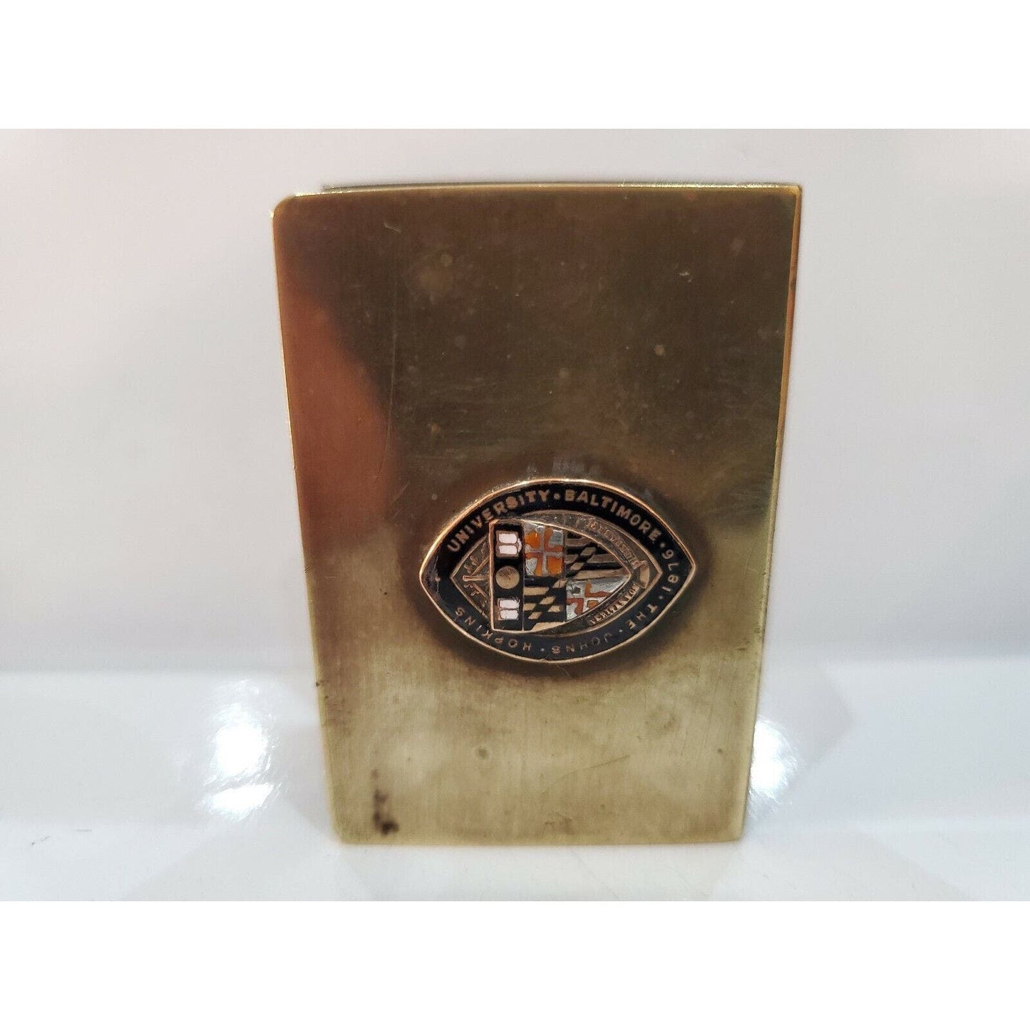 Vintage Brass Match Box Book Cover Case / JOHN HOPKINS ENAMEL LOGO 2 1/4 X 1 1/2