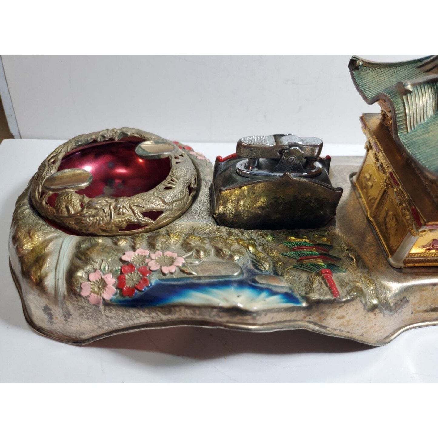 Vintage Mid Century Japan Smoking Working Lighter Dragon Ashtray, Cigarette Case