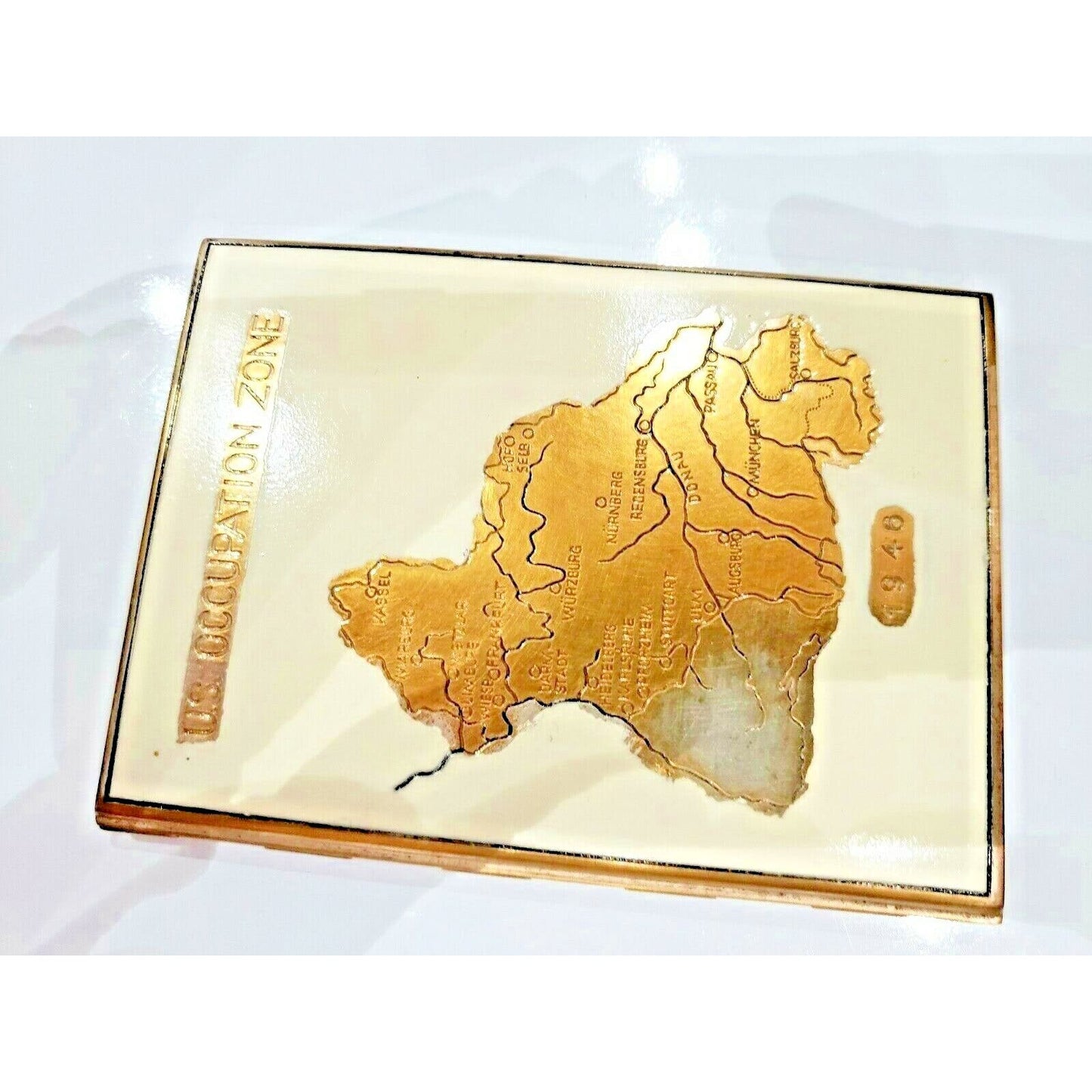 Vintage, Antique 1946 US OCCUPATION ZONE Map Enamel, Brass German Cigarette Case